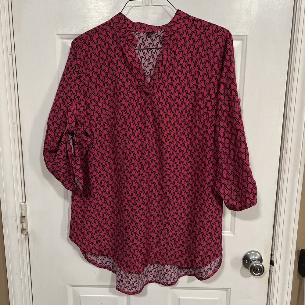 Euc Shein Womens Blouse Polkadot Black & Pink 3/4 Sleeve Size 1xl